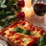 A delicious lasagna for two, served in a romantic setting with candlelight and flowers.