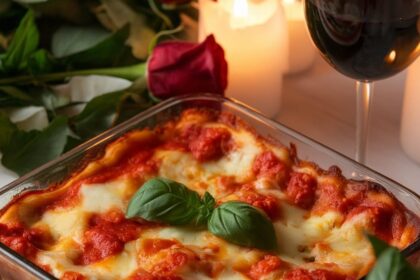 A delicious lasagna for two, served in a romantic setting with candlelight and flowers.