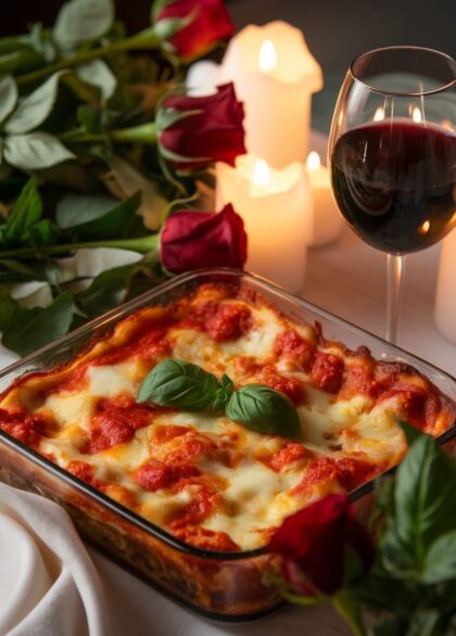 Romantic Valentine's Day Lasagna for Two 5 A delicious lasagna for two, served in a romantic setting with candlelight and flowers.
