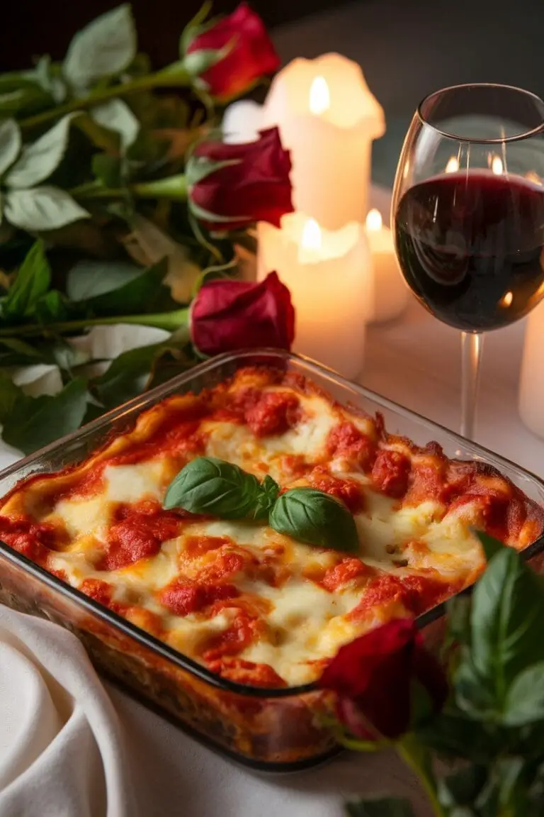 A delicious lasagna for two, served in a romantic setting with candlelight and flowers.