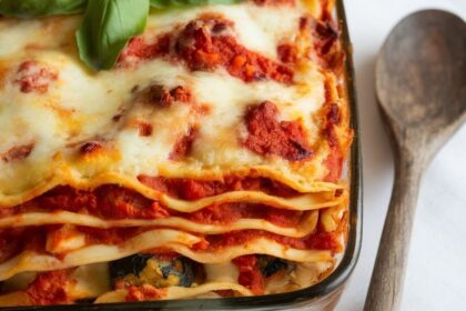 A hearty vegetarian lasagne with layers of pasta, tomato sauce, vegetables, and melted cheese, garnished with basil on a table.