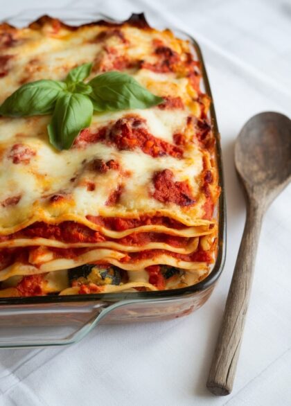 Hearty Vegetarian Lasagne Recipe 3 A hearty vegetarian lasagne with layers of pasta, tomato sauce, vegetables, and melted cheese, garnished with basil on a table.