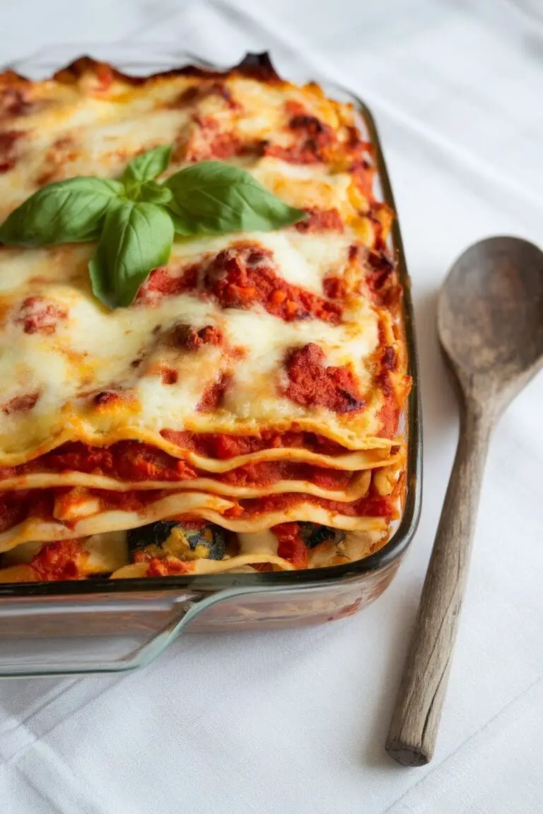 A hearty vegetarian lasagne with layers of pasta, tomato sauce, vegetables, and melted cheese, garnished with basil on a table.