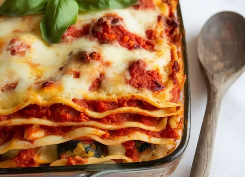Hearty Vegetarian Lasagne Recipe 1 A hearty vegetarian lasagne with layers of pasta, tomato sauce, vegetables, and melted cheese, garnished with basil on a table.