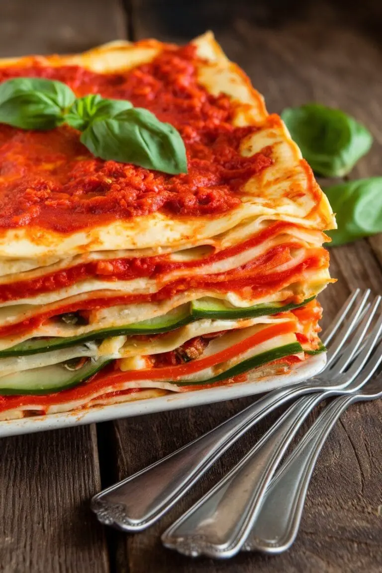 A layered vegan lasagna with tomato sauce, cashew ricotta, and vegetables, garnished with basil on a rustic table.