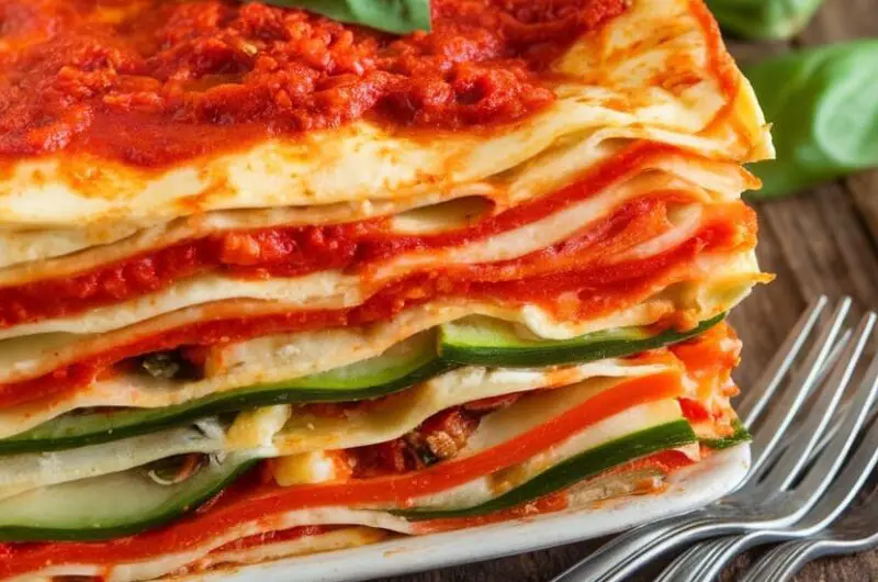 Delicious Vegan Lasagna Recipe 12 A layered vegan lasagna with tomato sauce, cashew ricotta, and vegetables, garnished with basil on a rustic table.