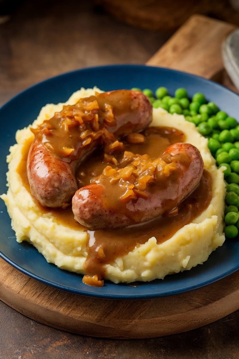 A plate of bangers and mash topped with onion gravy, served with green peas.