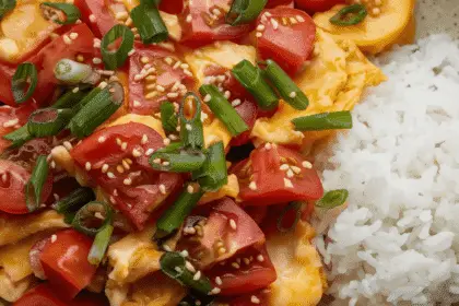 A plate of Chinese tomato and egg stir-fry with scrambled eggs and ripe tomatoes, garnished with green onions, served with rice.