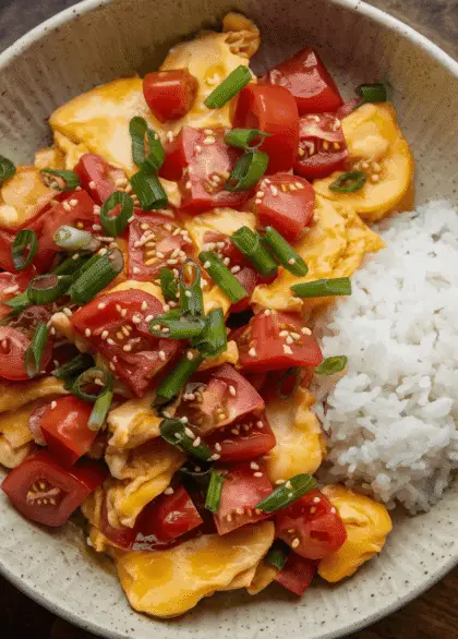 A plate of Chinese tomato and egg stir-fry with scrambled eggs and ripe tomatoes, garnished with green onions, served with rice.