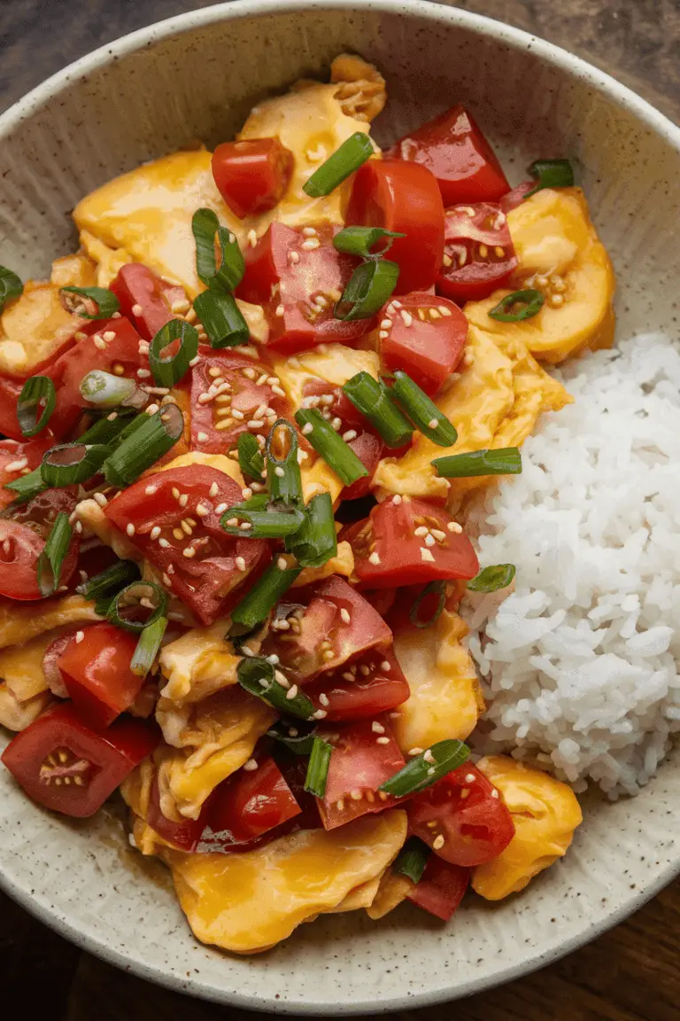 A plate of Chinese tomato and egg stir-fry with scrambled eggs and ripe tomatoes, garnished with green onions, served with rice.