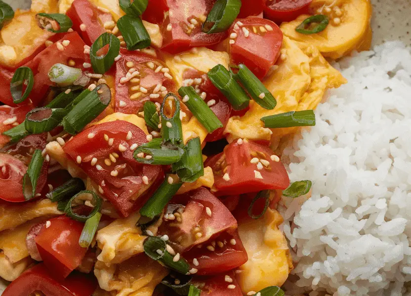 A plate of Chinese tomato and egg stir-fry with scrambled eggs and ripe tomatoes, garnished with green onions, served with rice.