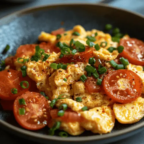 Classic Chinese Tomato and Egg Stir-Fry 3 A plate of Chinese tomato and egg stir-fry with scrambled eggs and ripe tomatoes, garnished with green onions, served with rice.