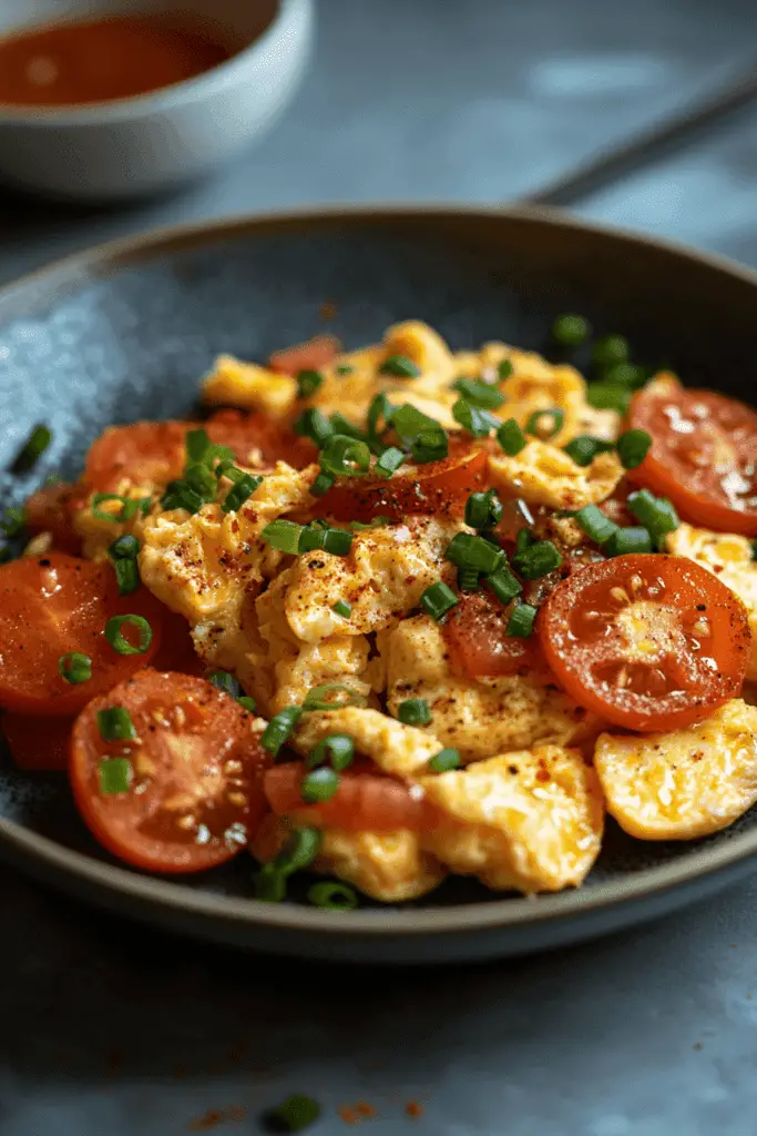 Classic Chinese Tomato and Egg Stir-Fry 2 A plate of Chinese tomato and egg stir-fry with scrambled eggs and ripe tomatoes, garnished with green onions, served with rice.