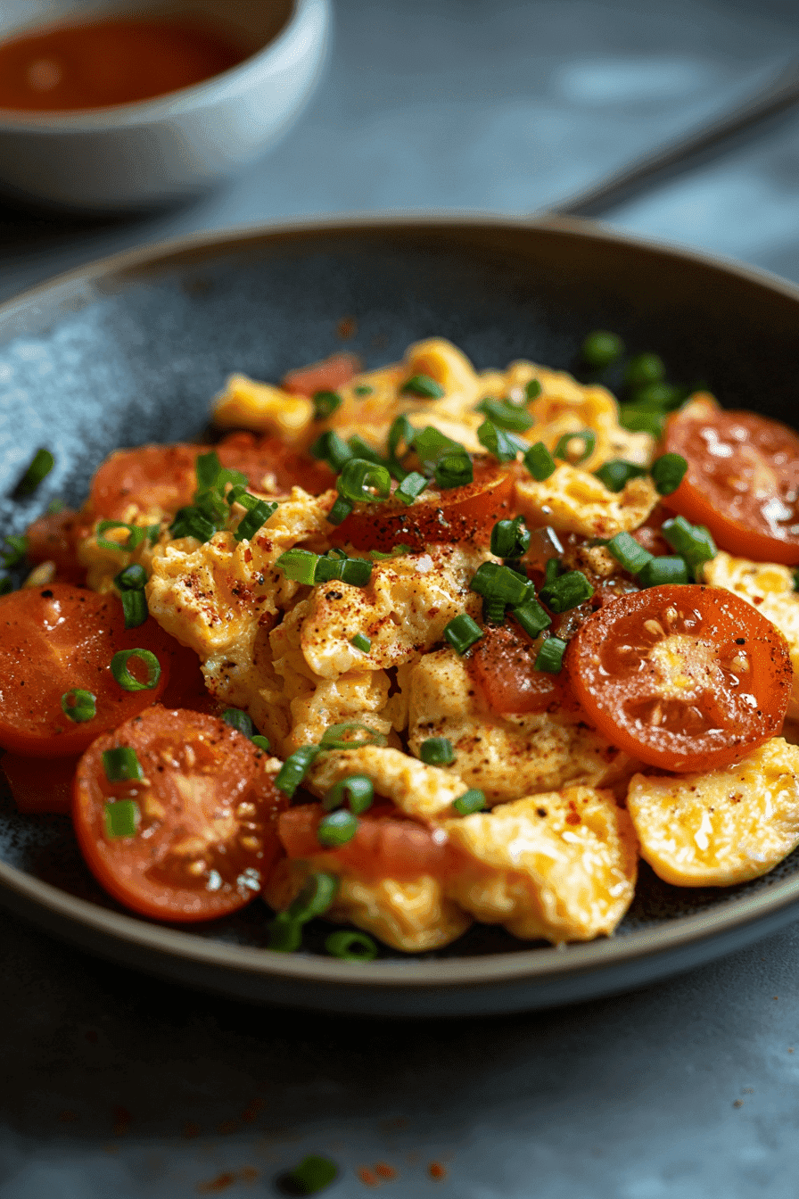 Classic Chinese Tomato and Egg Stir-Fry 2 A plate of Chinese tomato and egg stir-fry with scrambled eggs and ripe tomatoes, garnished with green onions, served with rice.