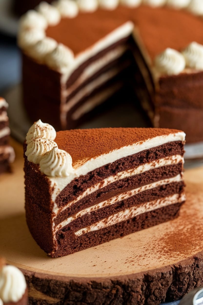 A slice of rich chocolate cake with cream cheese frosting, decorated with cocoa powder.