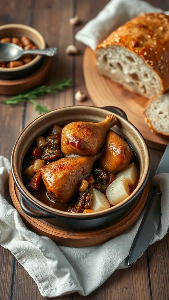Valentines Day Dinner Ideas 11 A bowl of Coq au Vin with rustic bread on the side.