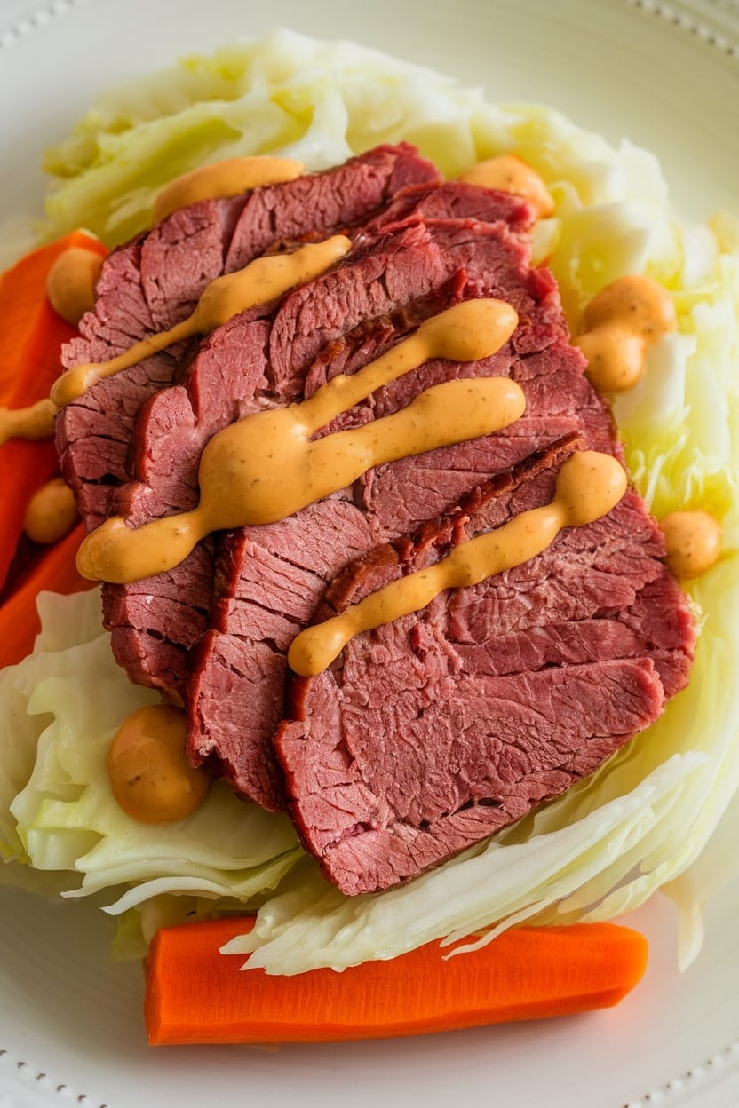 Plate of sliced corned beef with cabbage and mustard sauce.