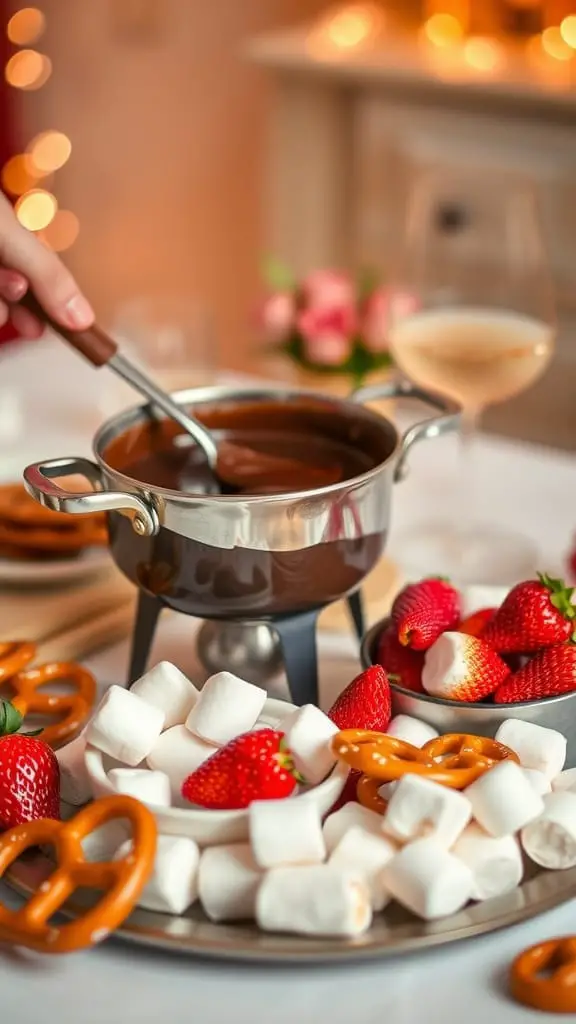 Valentines Day Dinner Ideas 3 A romantic setup for chocolate fondue with strawberries, marshmallows, and pretzels.