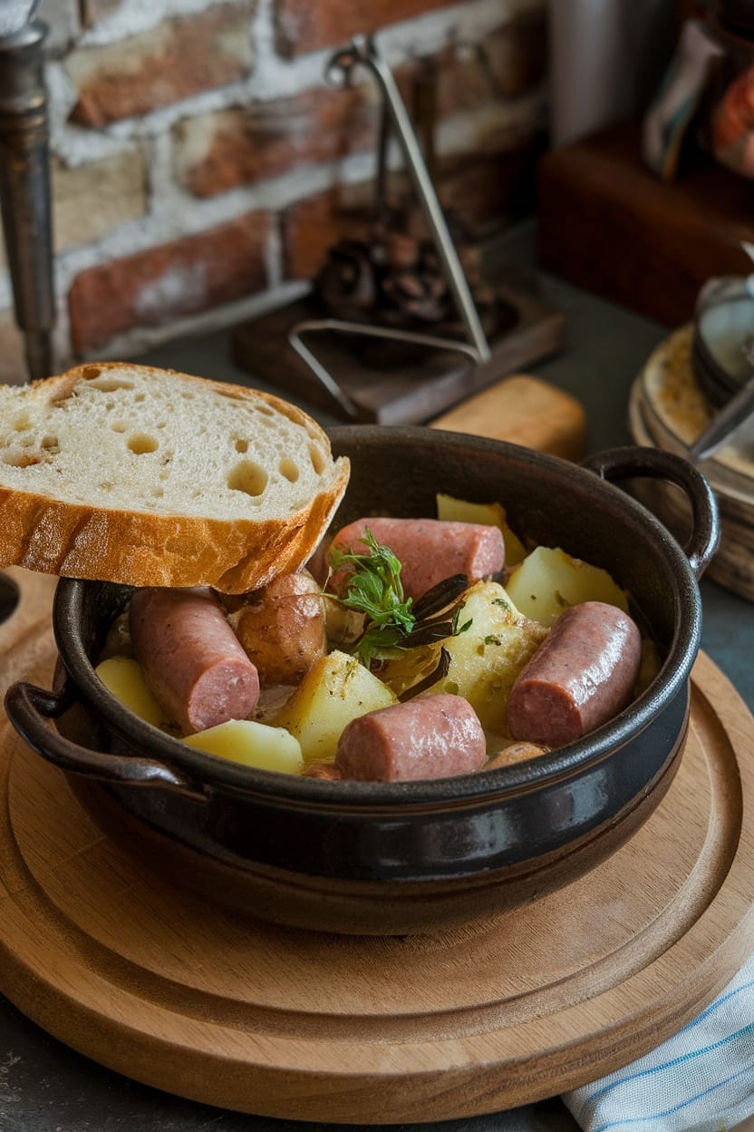 A bowl of Dublin Coddle with sausage, potatoes, and rustic bread.