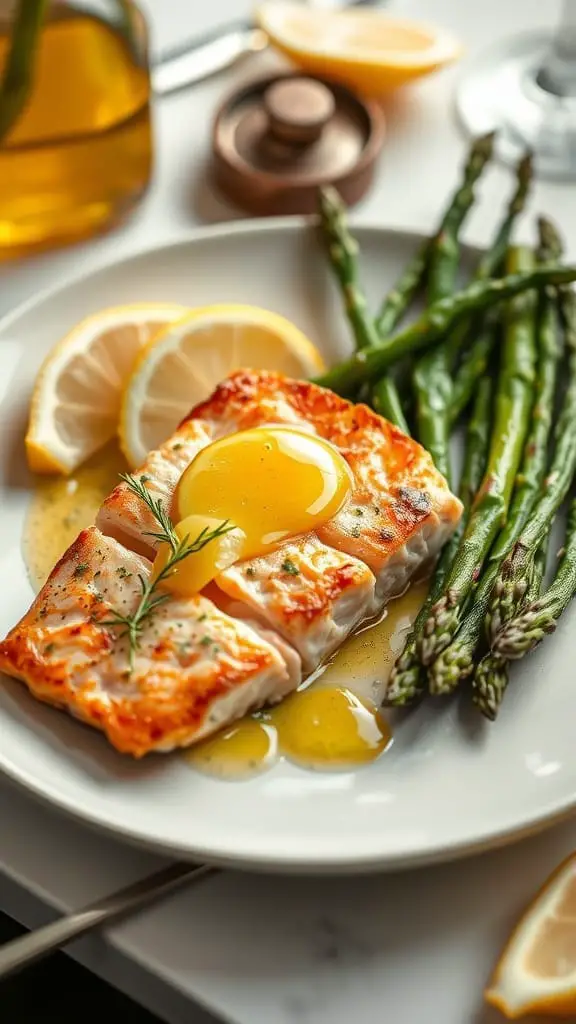 Valentines Day Dinner Ideas 2 Grilled salmon with lemon butter sauce, served with asparagus and garnished with lemon slices.
