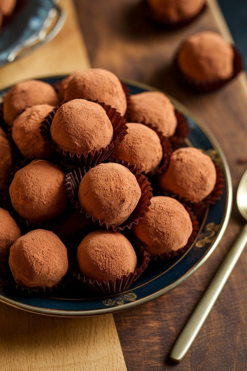 Delicious chocolate truffles dusted with cocoa powder on a decorative plate.
