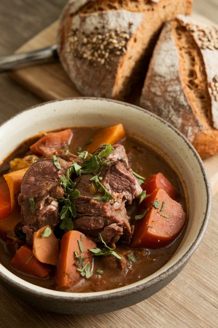 A bowl of Irish lamb stew with root vegetables, accompanied by slices of bread.