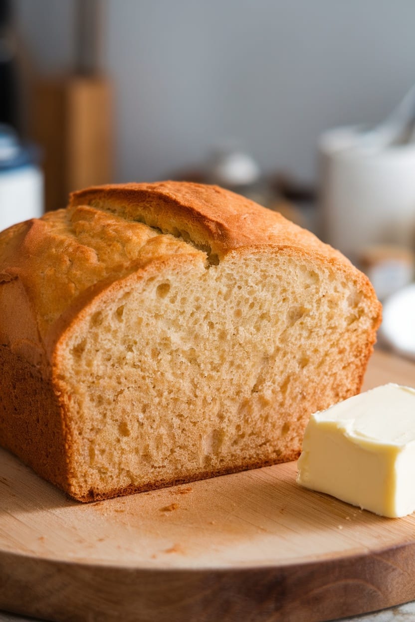 Freshly baked Irish soda bread on a wooden board with a pat of butter