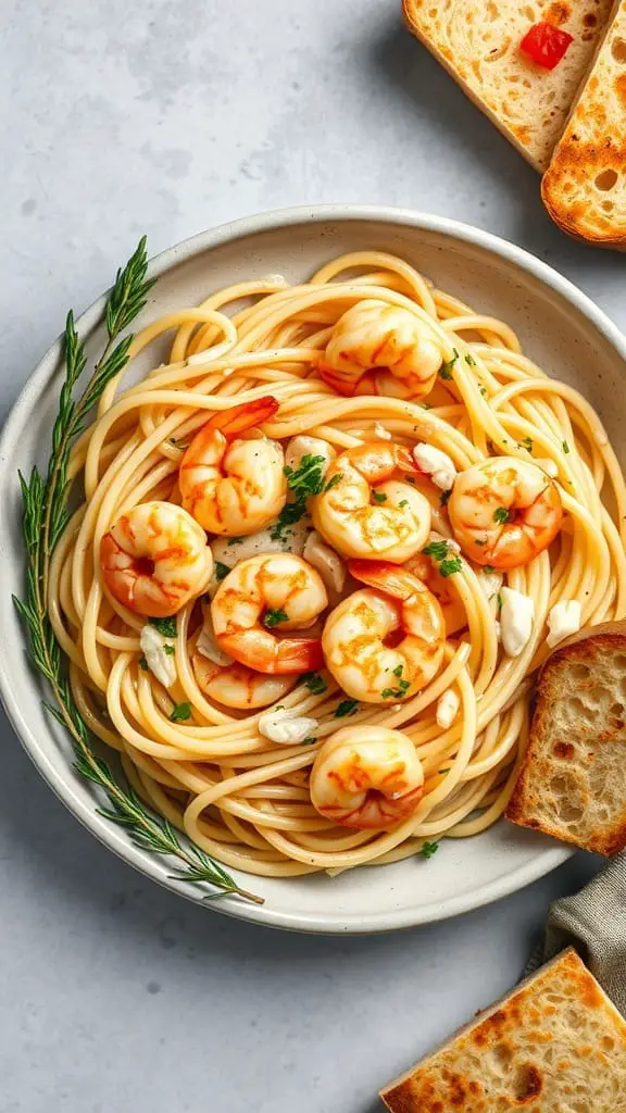 Valentines Day Dinner Ideas 4 A romantic plate of pasta with creamy garlic sauce and shrimp, garnished with parsley.
