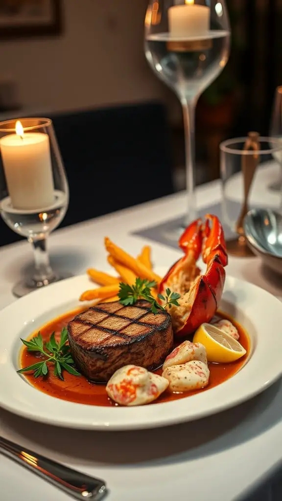 Valentines Day Dinner Ideas 6 A plate with a steak and lobster dish, garnished beautifully for a romantic dinner.