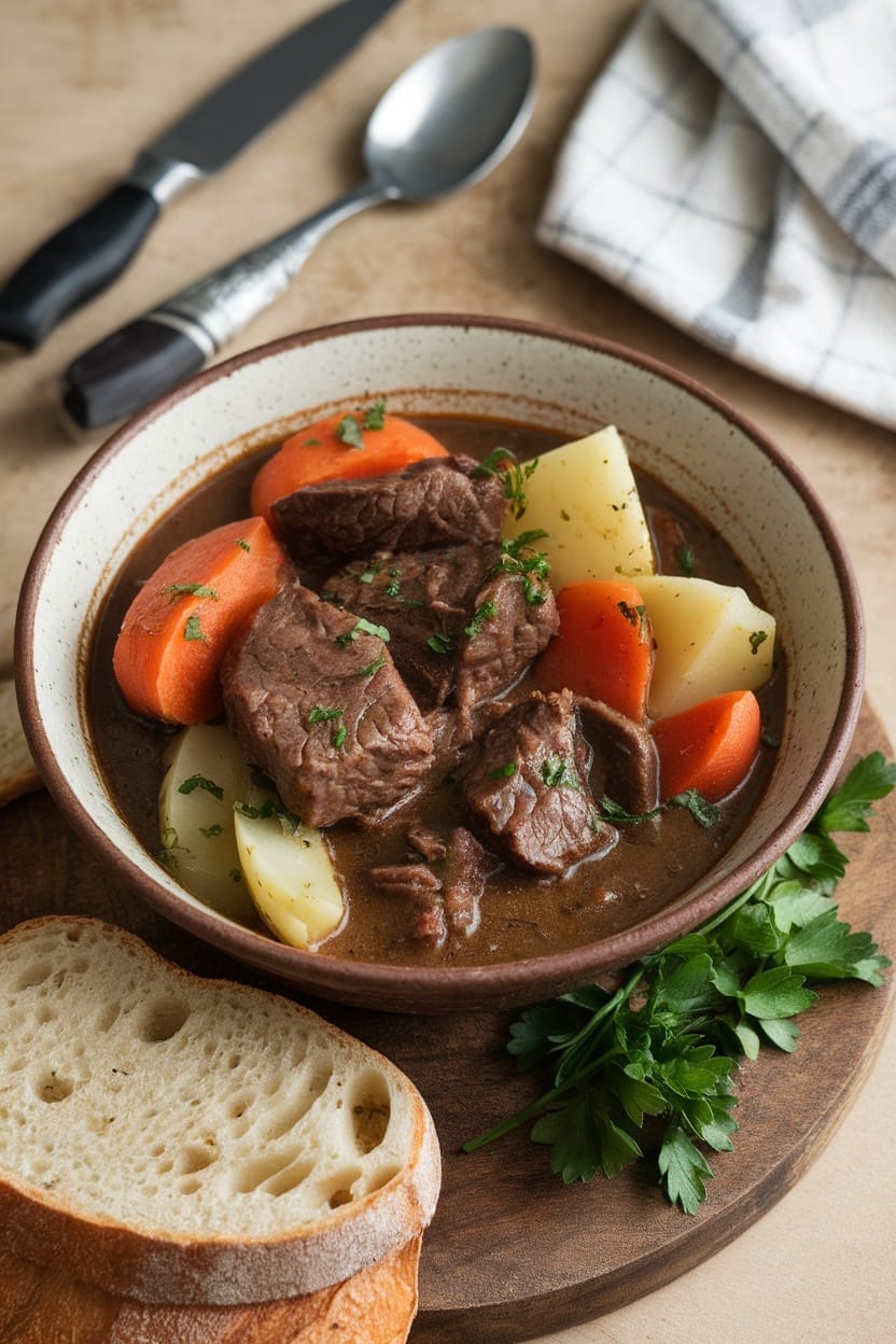 A bowl of traditional Irish beef and Guinness stew with carrots and potatoes.