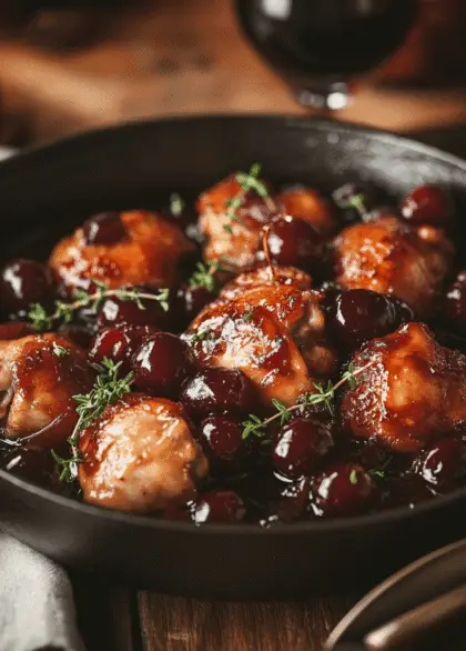 a skillet with chicken and cherry one pot dinner