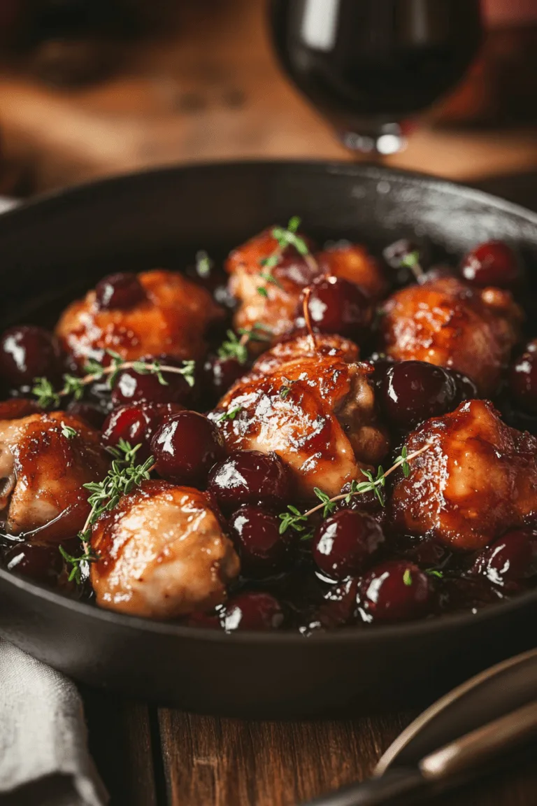 a skillet with chicken and cherry one pot dinner