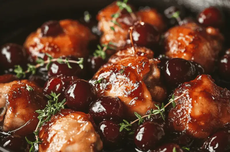 a skillet with chicken and cherry one pot dinner