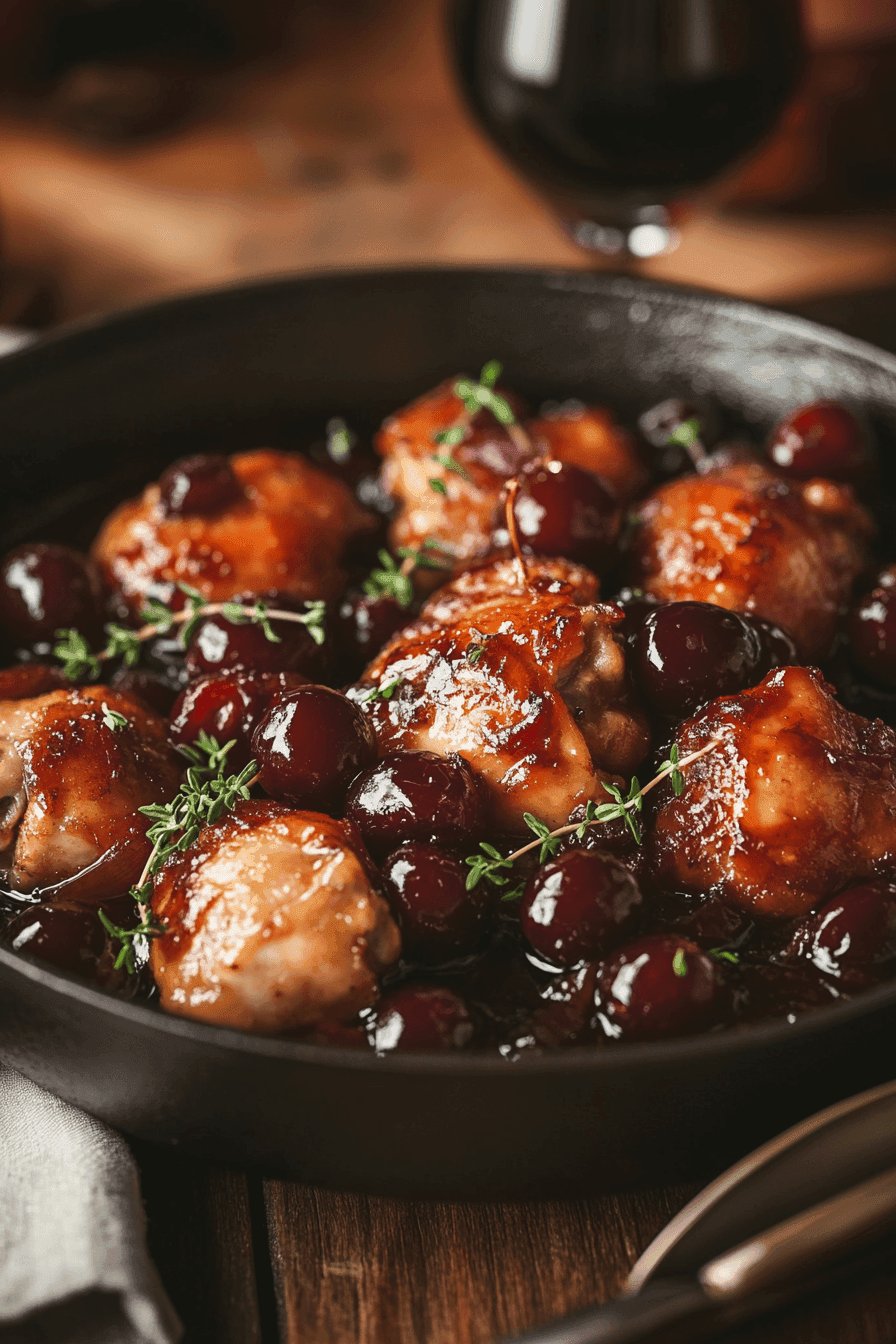 a skillet with chicken and cherry one pot dinner