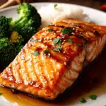 a plated honey garlic glazed salmon fillet