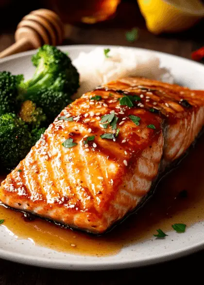a plated honey garlic glazed salmon fillet