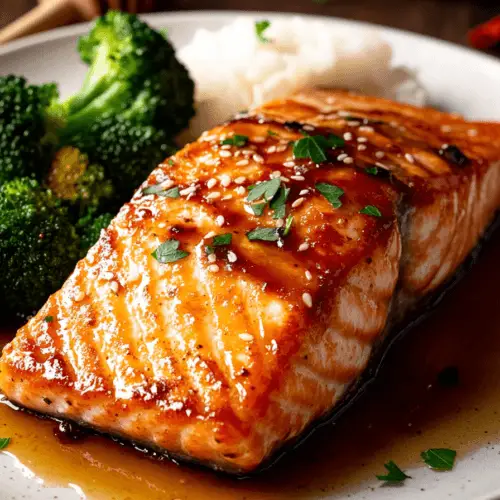 Honey Garlic Glazed Salmon: A Perfectly Balanced Sweet and Savory Delight 2 a plated honey garlic glazed salmon fillet