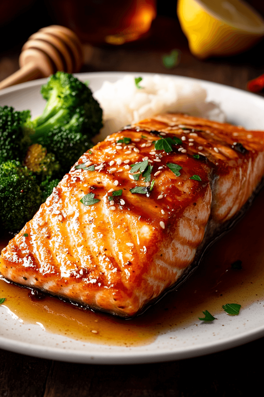 a plated honey garlic glazed salmon fillet