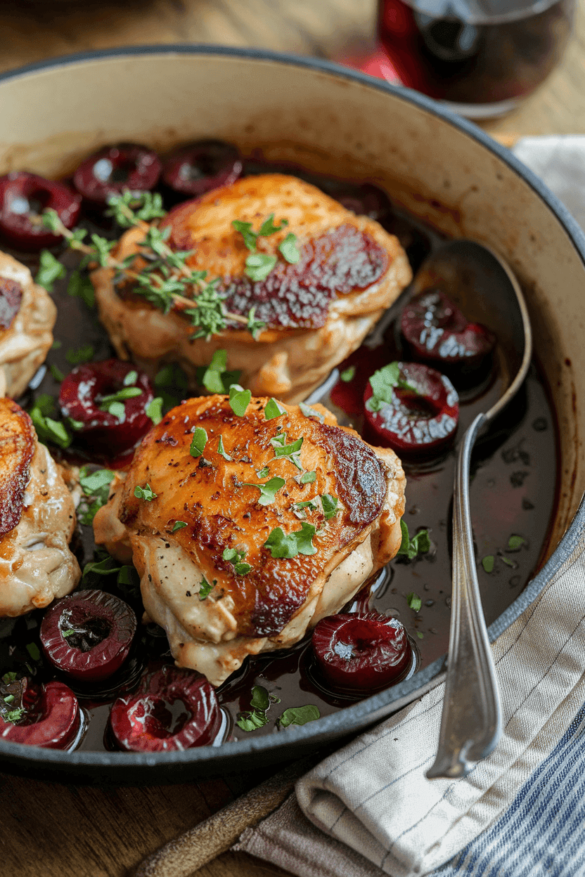 One-Pot Chicken & Cherries: A Sweet & Savory Family Favorite 6 A skillet contains chicken and cherry one pot dinner