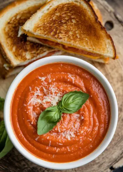 Creamy and Savory Tomato Basil Soup 25 a photo of a bowl of creamy tomato