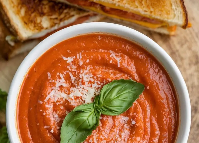 Creamy and Savory Tomato Basil Soup 1 a photo of a bowl of creamy tomato