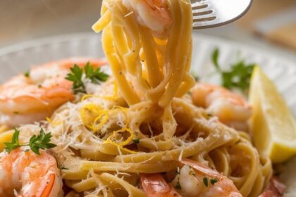 a plate of garlic butter shrimp pasta