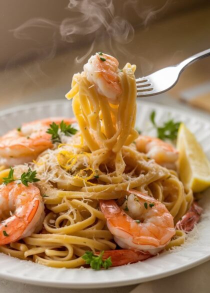 a plate of garlic butter shrimp pasta