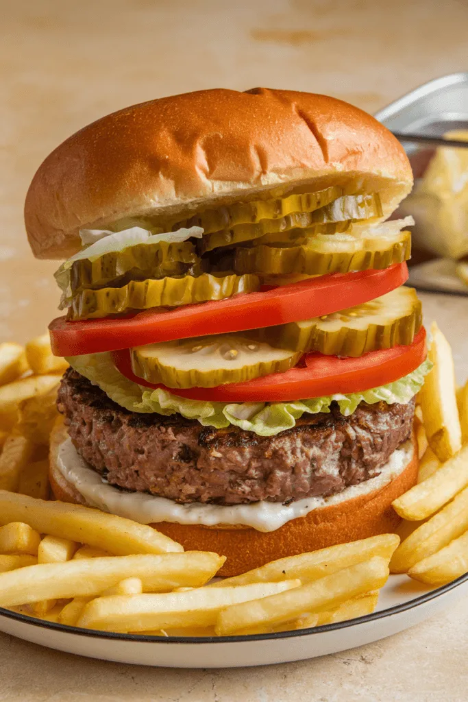 A loaded burger bun with lots of pickles and a side of fries
