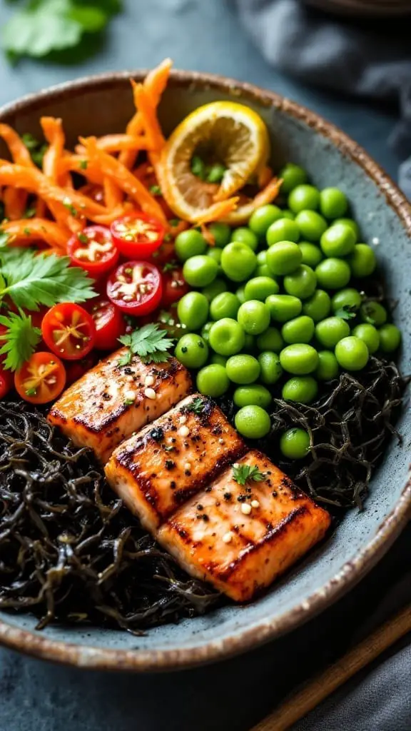 A delicious Asian-inspired salmon Buddha bowl with colorful vegetables and salmon fillets.