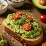 a slice of toast with avocado and seasoning