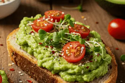 a slice of toast with avocado and seasoning