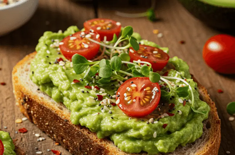 a slice of toast with avocado and seasoning