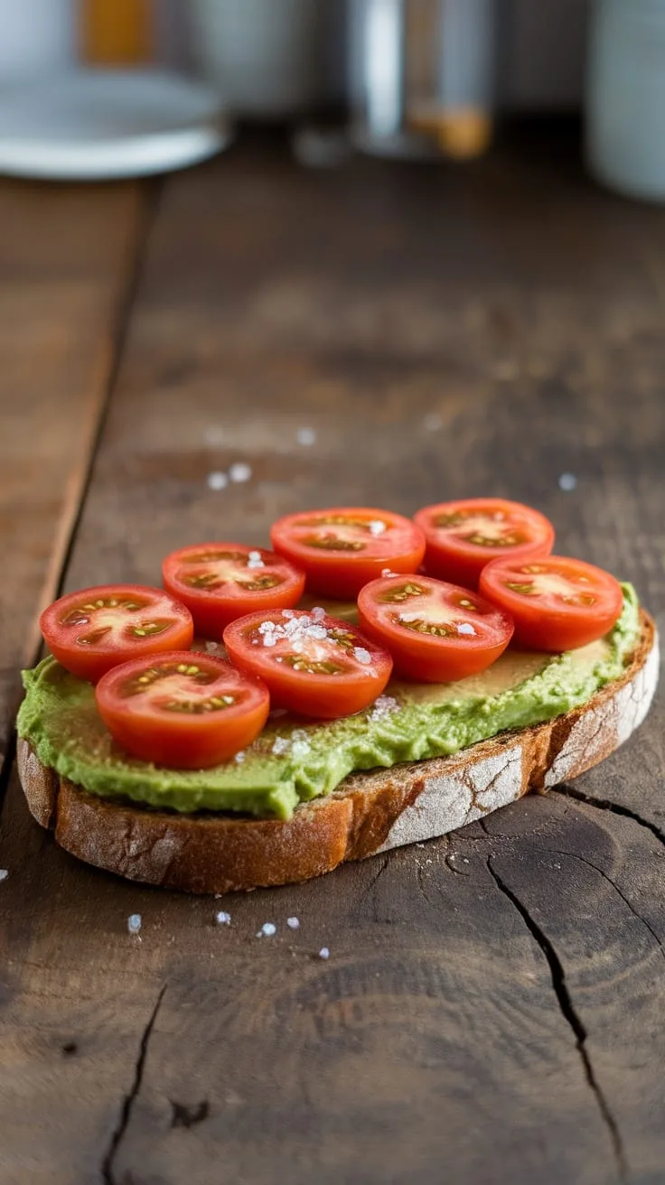A slice of avocado toast topped with cherry tomatoes on a wooden surface.
