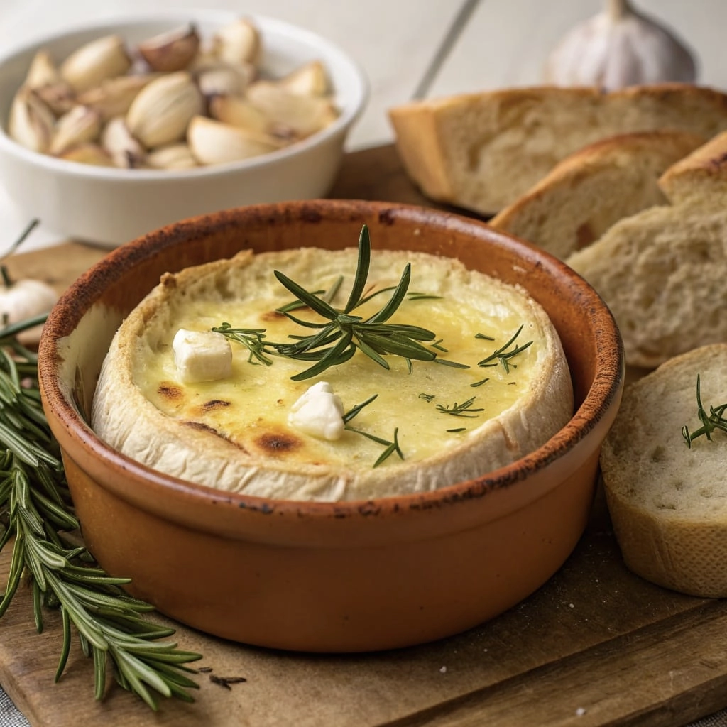 A baked cheese wheel topped with herbs, served in a clay dish with bread on the side.